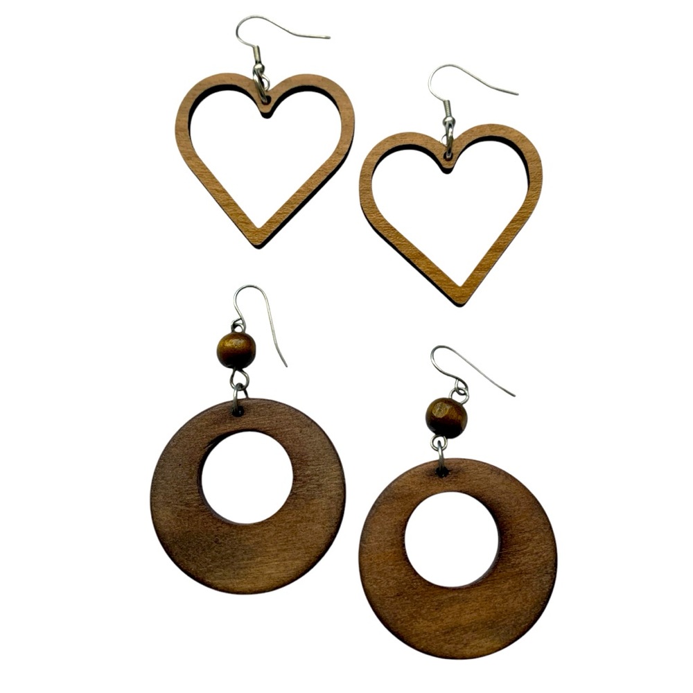 Brown Wood Earrings with Heart and Circle Designs
